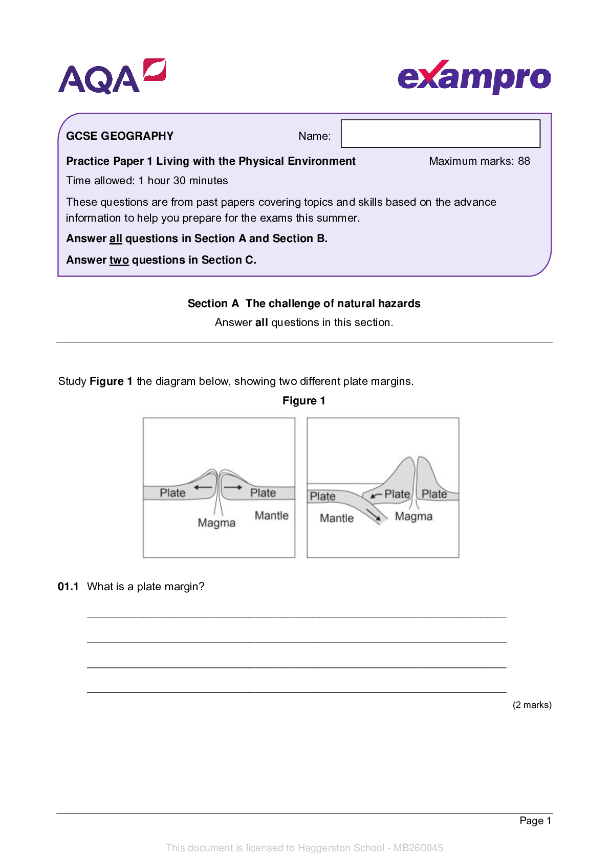 AQA_GCSE Geography Paper 1_Question Paper 2022 Practice Paper 1